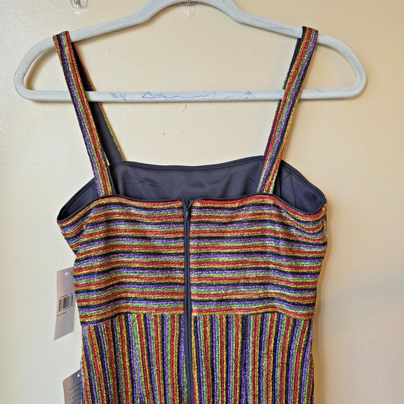 Donna Morgan Metallic Rainbow Striped Dress Size 4 Bodycon Shiny Party New - Picture 9 of 11